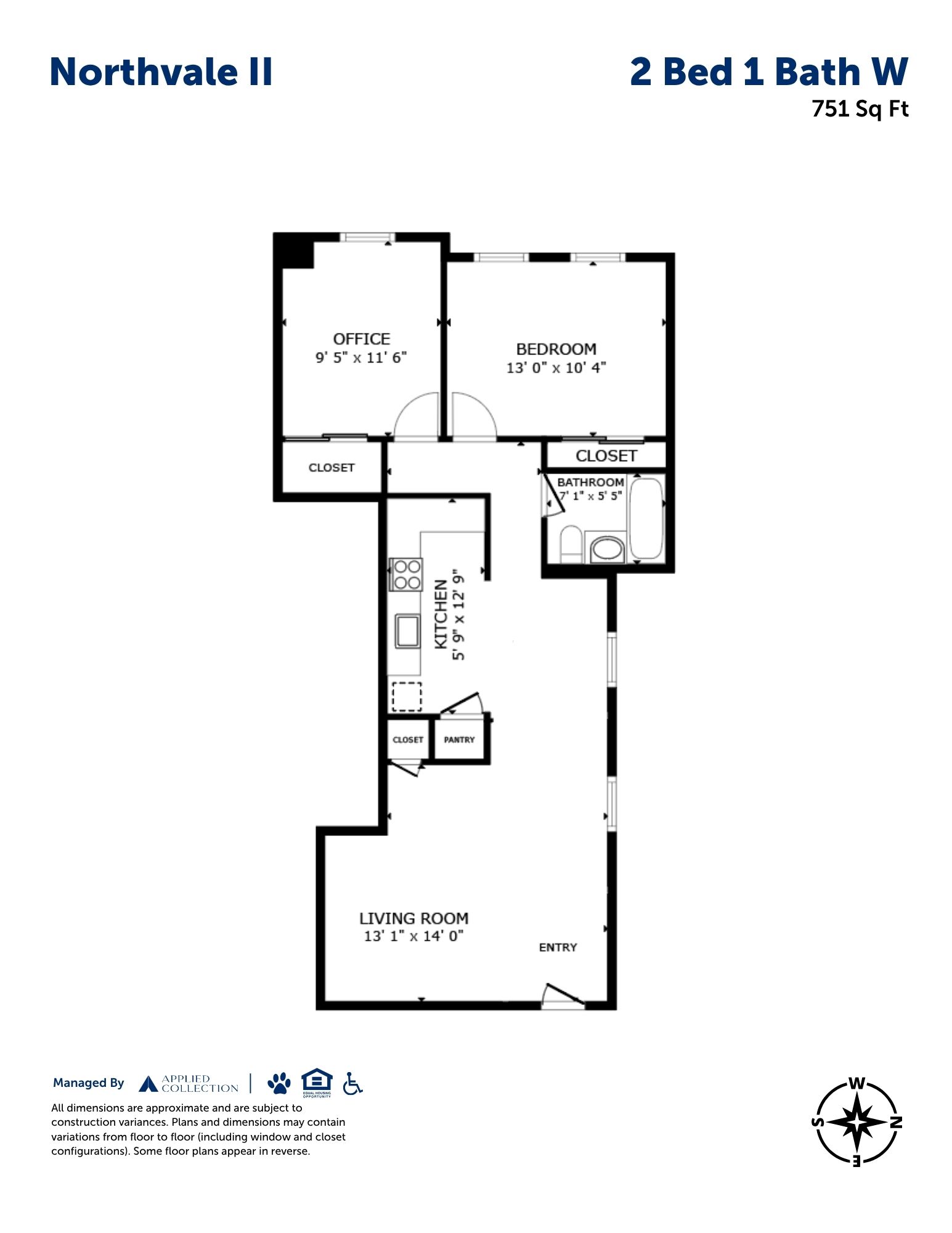 Floor plan for 2 beds, 1 bath, 751 sqft